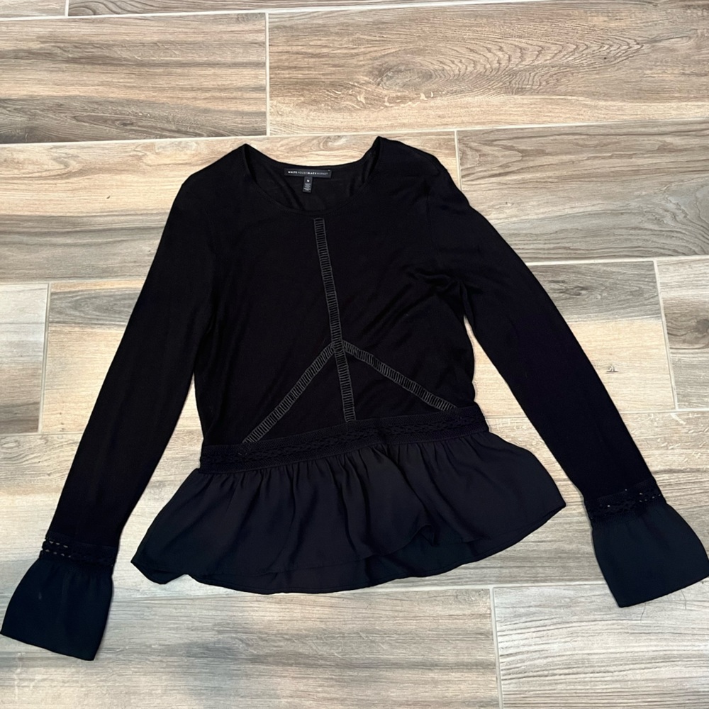 White House Black Market Black Peplum Sweater with Bell Sleeves, Size: Medium
